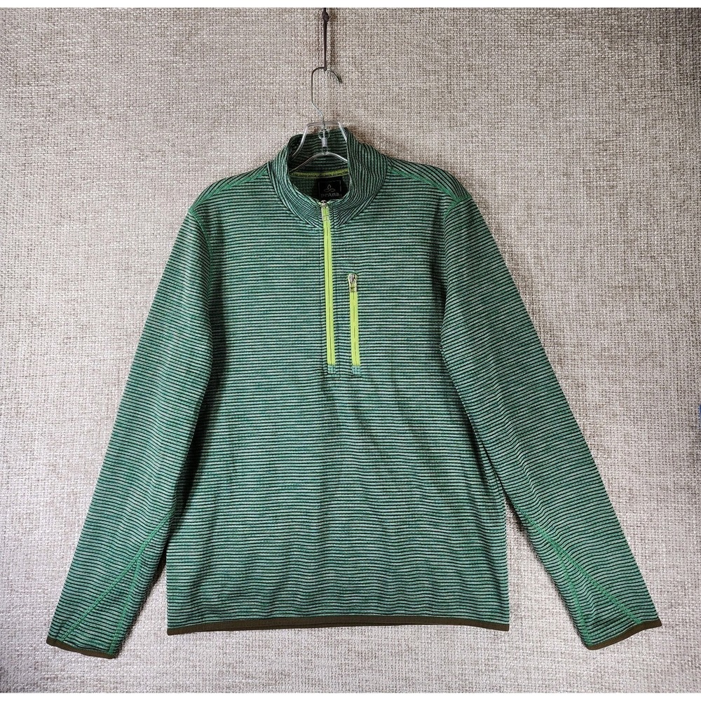 PrAna 1/4 Zip Gatten Grid Fleece Piullover Mens M Green Brown Stripe Outdoors